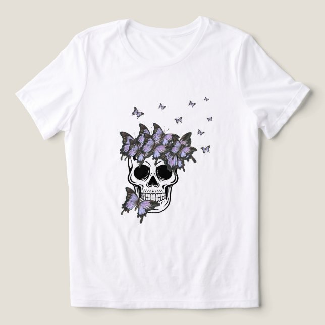 Vintage Lila Butterflies Skull T Shirt (Design Framsida)