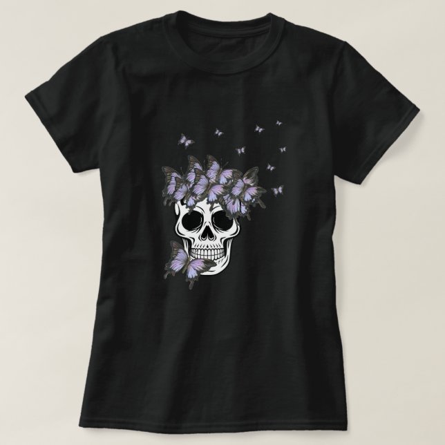 Vintage Lila Butterflies Skull T Shirt (Design framsida)
