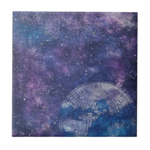 Vintage Lila Celestial World Map (12) Kakelplatta