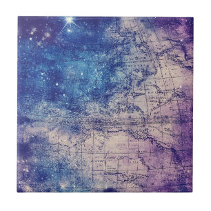 Vintage Lila Celestial World Map (14) Kakelplatta