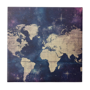 Vintage Lila Celestial World Map (7) Kakelplatta