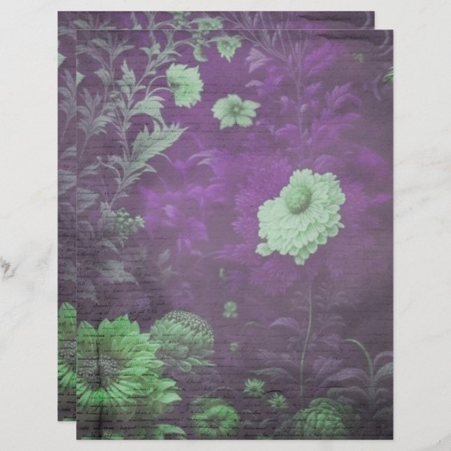 Vintage Lila & Cream Blommigt Skrapbok Papper (Fram/baksida)