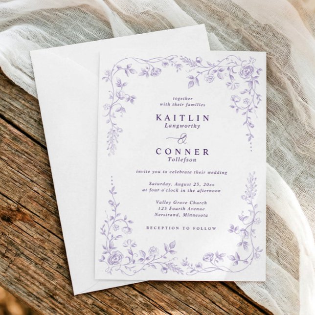 Vintage lila fransk blomsterbröllop inbjudningar (Lavender light purple French floral wedding invitation with chinoiserie and Victorian toile details)