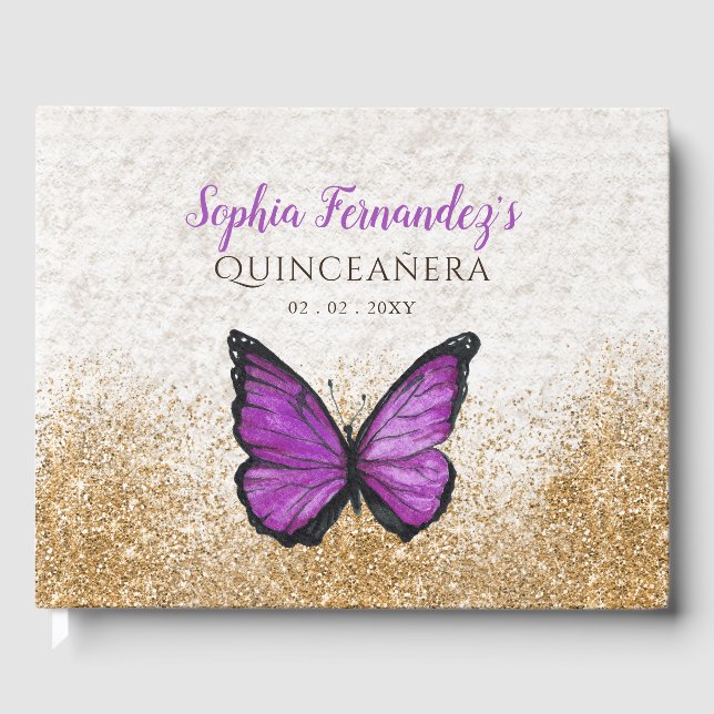 Vintage Lila Guld Butterfly Quinceañera Gästböcker (Framsida)