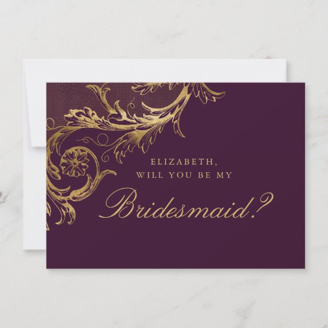 Vintage Lila Guld Damask Script Bridesmaid Inbjudningar (Framsida)