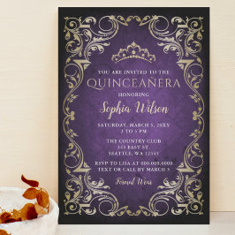 Vintage Lila Guld Princess Tiara Quinceañera Inbjudningar