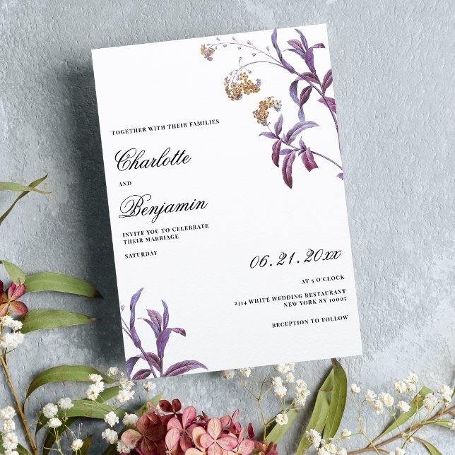 Vintage lila lavendel apelsin blad blommande bröll inbjudningar (Vintage purple lavender orange leaf floral wedding)