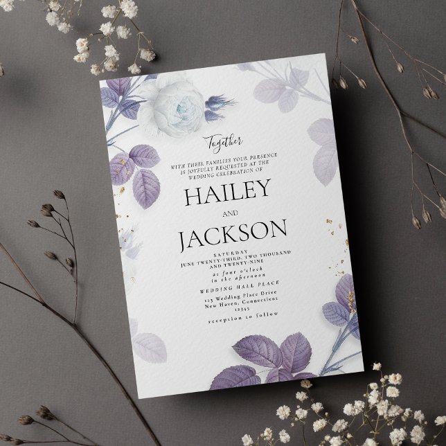 Vintage lila lavendel vit guld blomsterbröllop inbjudningar (Vintage purple lavender white gold floral wedding invitation)