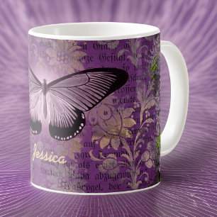 Vintage Lila Moth och Blommigt Ephemera Anpassning Kaffemugg