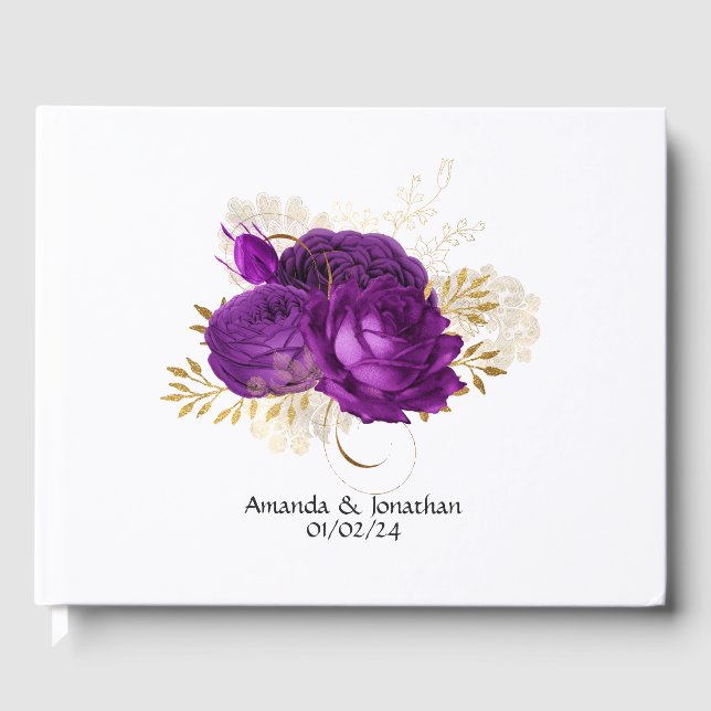Vintage lila och guld blommig bröllop gästböcker (Framsida)