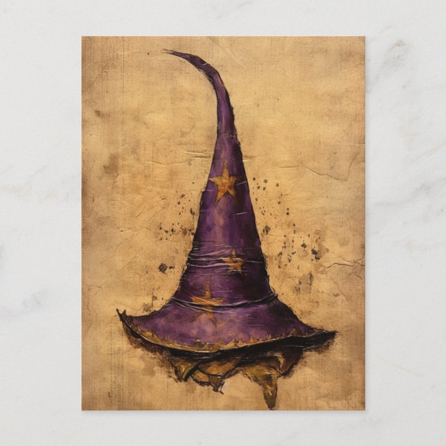Vintage lila och guld häxa hatt vykort (Framsida)