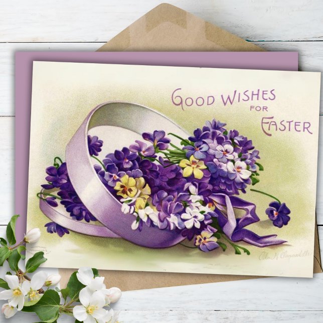 Vintage Lila Pansies Påsk Önskemål Anpassningsbar Julkort (Vintage Purple Pansies Easter Wishes Custom Holiday Card)