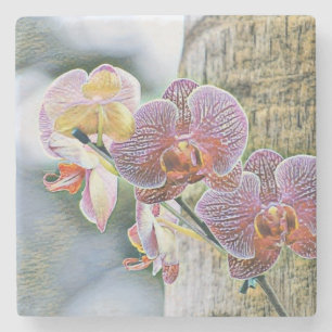 Vintage Lila Rosa Orchid Flowers på log Stenunderlägg