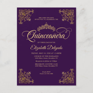 Vintage Lila Violet Guld Ram Tiara Quinceanera Vykort