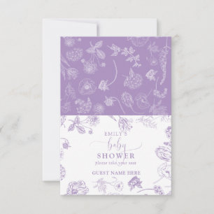 Vintage Lilac Blommigt Script Baby Shower Place Ca OSA Kort