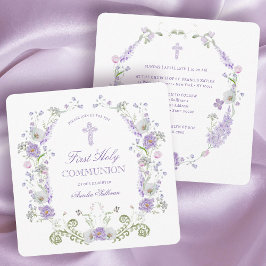 Vintage Lilac Flowers Ram First Communion Inbjudningar