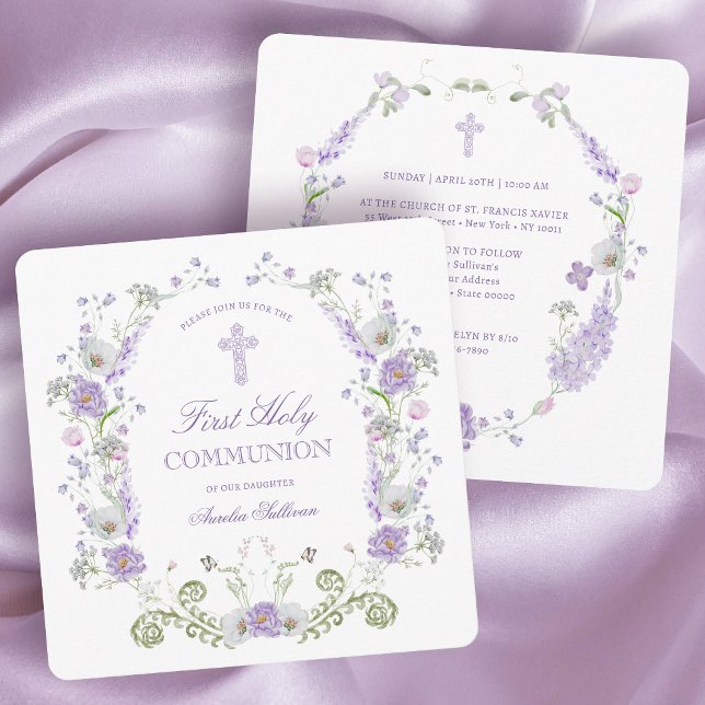 Vintage Lilac Flowers Ram First Communion Inbjudningar (Skapare uppladdad)