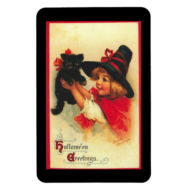 Vintage Lilla Witch med Kitten Magnet (Vertikal)