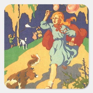 Vintage Lille Rödluvan, Hund och Ballonger Fyrkantigt Klistermärke