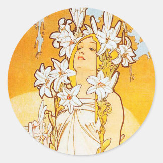 Vintage Lily av Alphonse Mucha Runt Klistermärke
