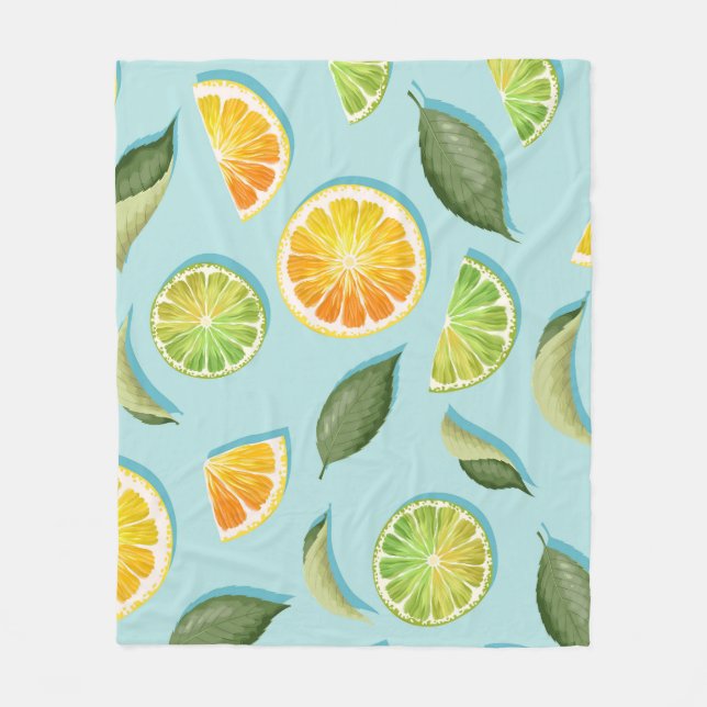 Vintage Lime Lemon Blue Mönster Fleecefilt (Framsidan)