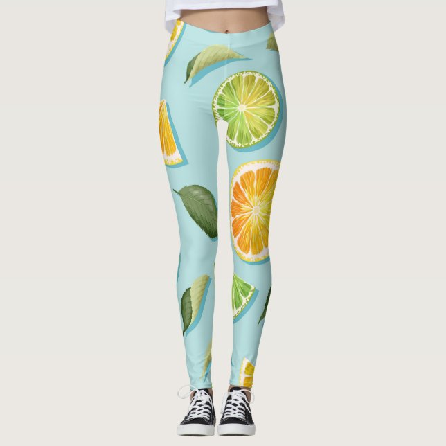 Vintage Lime Lemon Blue Mönster Leggings (Framsida)