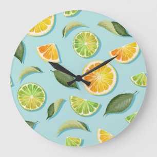 Vintage Lime Lemon Blue Mönster Stor Klocka