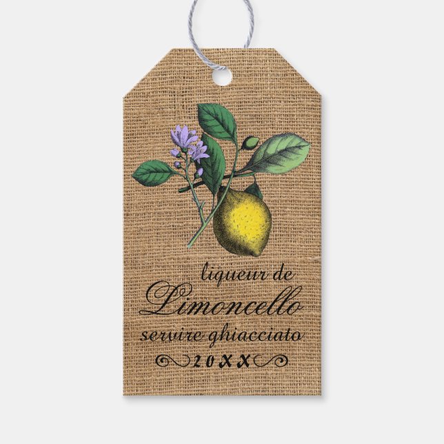 Vintage Limoncello Burlap Titta Flaska Märkre | Presentetikett (Framsidan)