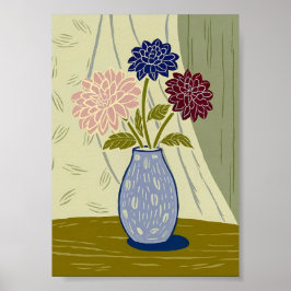 Vintage Linocut Dahlias in Textured Blue Vase Poster