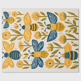Vintage Linocut Honey Bee - Senap och Marinblå Presentpapper