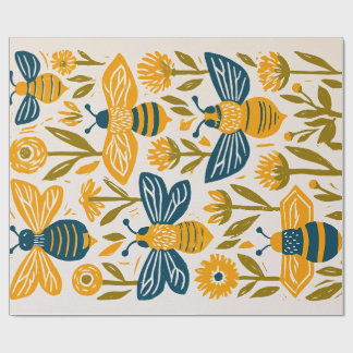 Vintage Linocut Honey Bee - Senap och Marinblå Presentpapper