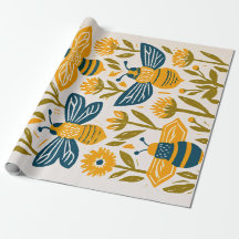 Vintage Linocut Honey Bee - Senap och Marinblå