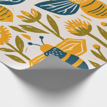 Vintage Linocut Honey Bee - Senap och Marinblå