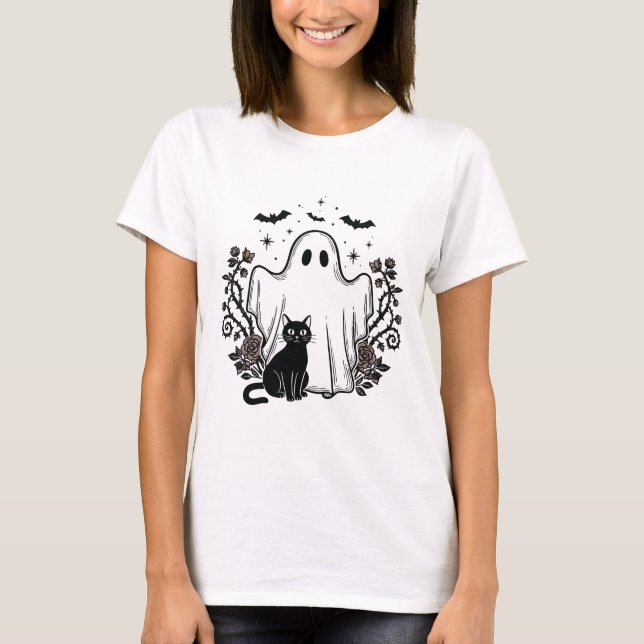 Vintage Linocut Spooky Cat & Ghost T Shirt (Framsida)