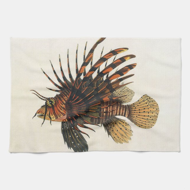 Vintage Lionfisk Fish, Marine Ocean Life Animal Kökshandduk (Horisontell)