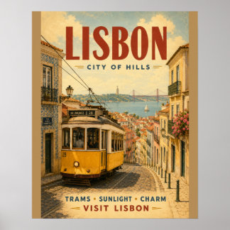 Vintage Lisbon Stad av Backar Resa Affisch med Ic