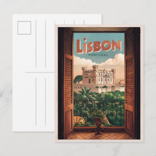 Vintage Lissabon Portugal resa, fönsterutsikt pres Vykort