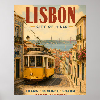 Vintage Lissabon Stad av Backar Resa Affisch med I