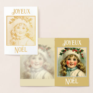 Vintage liten flicka med mistletoe folierat kort