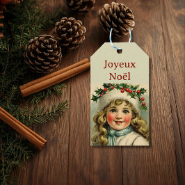 Vintage liten flicka med mistletoe presentetikett