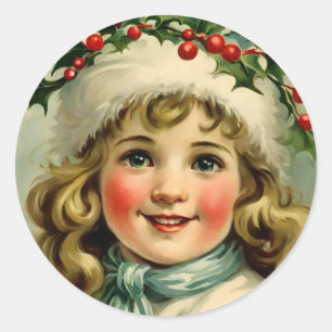 Vintage liten flicka med mistletoe runt klistermärke