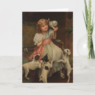 Vintage - liten flicka och henne husdjur, kort