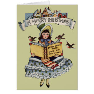 Vintage Liten Flicka och Jul Tomte Bok Hälsningskort