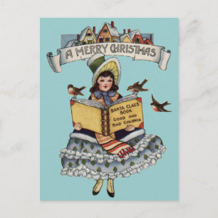 Vintage Liten Flicka och Jul Tomte Bok Helg Vykort