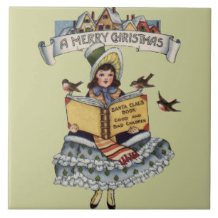Vintage Liten Flicka och Jul Tomte Bok Kakelplatta