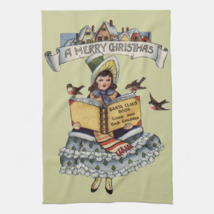 Vintage Liten Flicka och Jul Tomte Bok Kökshandduk