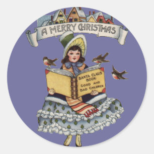 Vintage Liten Flicka och Jul Tomte Bok Runt Klistermärke