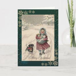 Vintage liten flicka smakar snöflingor helgkort