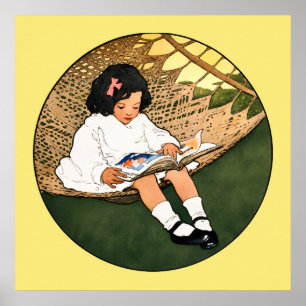 Vintage liten flicka som läser i en hängmatta poster