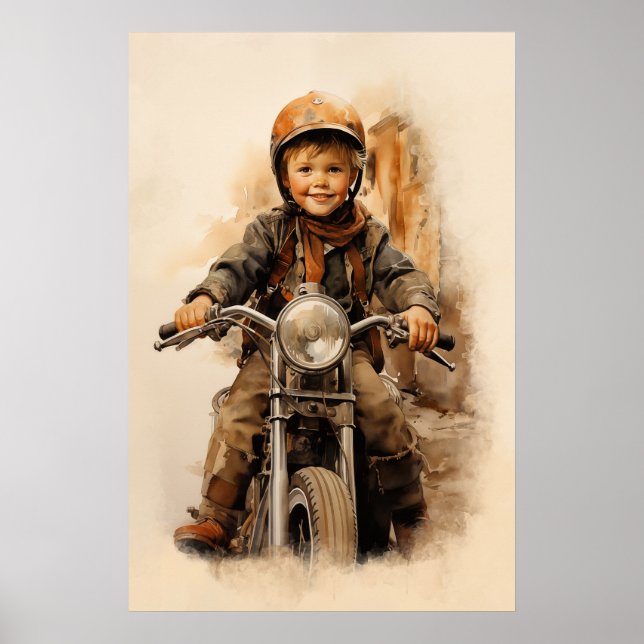 Vintage liten pojke och morocykel poster (Framsidan)